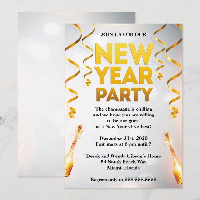 Elegant White & Gold New Years Eve Party Invitation (Front/Back)