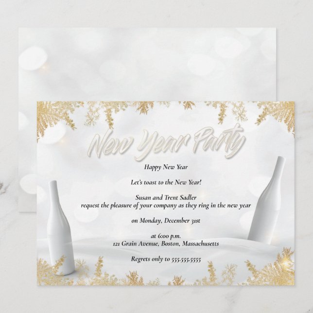 Elegant White & Gold New Years Eve Party Invitation (Front/Back)