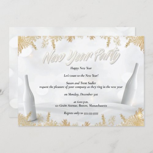 Elegant White  Gold New Years Eve Party Invitation