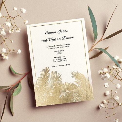 Elegant white gold palm tree tropical Wedding Invitation