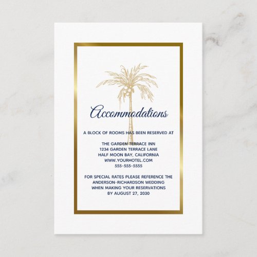 Elegant White Gold Palm Tree Wedding Accommodation Enclosure Card