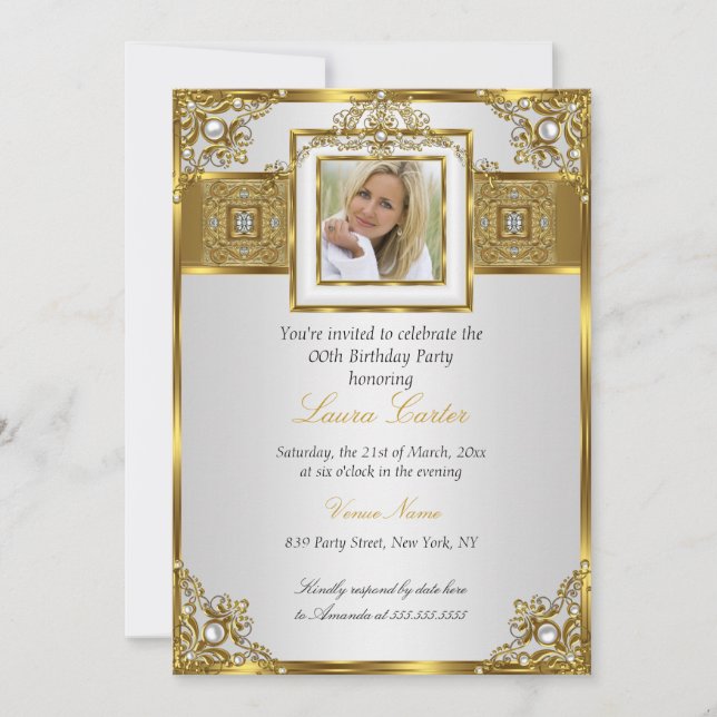 Elegant White Gold Pearl Damask Photo Birthday 2 Invitation (Front)