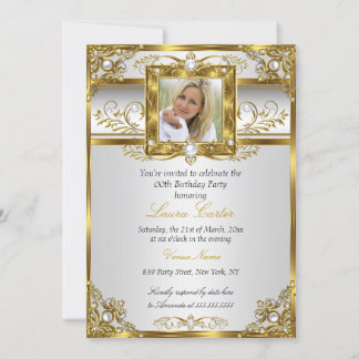 Elegant White Gold Pearl Damask Photo Birthday 4 Invitation