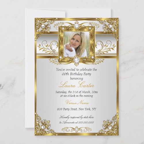 Elegant White Gold Pearl Damask Photo Birthday 4 Invitation