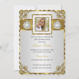 Elegant White Gold Pearl Damask Photo Birthday Invitation
