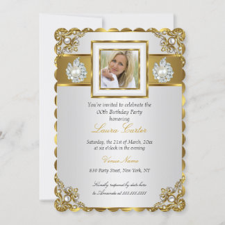 Elegant White Gold Pearl Damask Photo Birthday Invitation