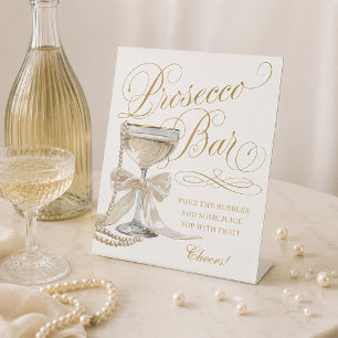 Elegant White Gold Pearls and Prosecco Bar  Pedestal Sign