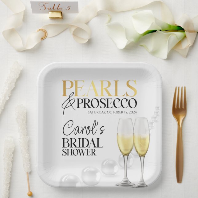 Elegant White Gold Pearls & Prosecco Bridal Shower Paper Plates (Wedding)