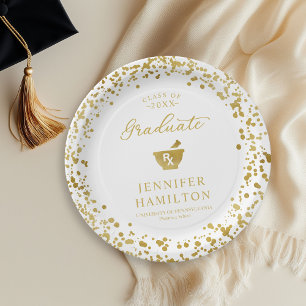 Elegant White Gold Pharmacy School Graduation Paper Plates