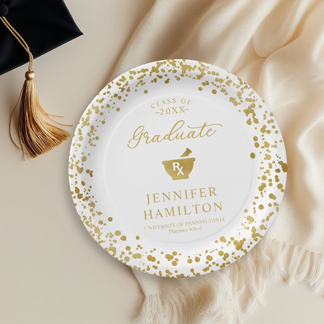 Elegant White Gold Pharmacy School Graduation Paper Plates (Creator Uploaded)