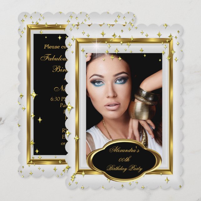 Elegant White Gold Photo Birthday Party 3 Invitation (Front/Back)