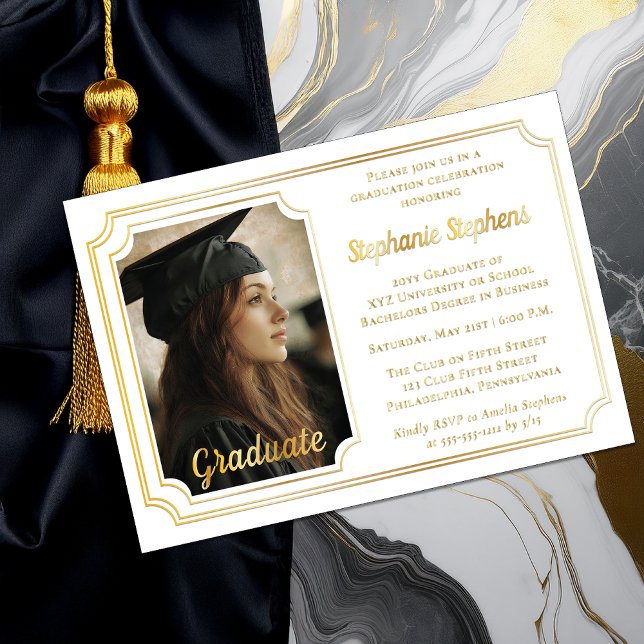 Elegant White & Gold Photo Graduation Party  Foil Invitation (Elegant White and Gold Foil Graduation Party Invitation with Photo and Scalloped Frame)