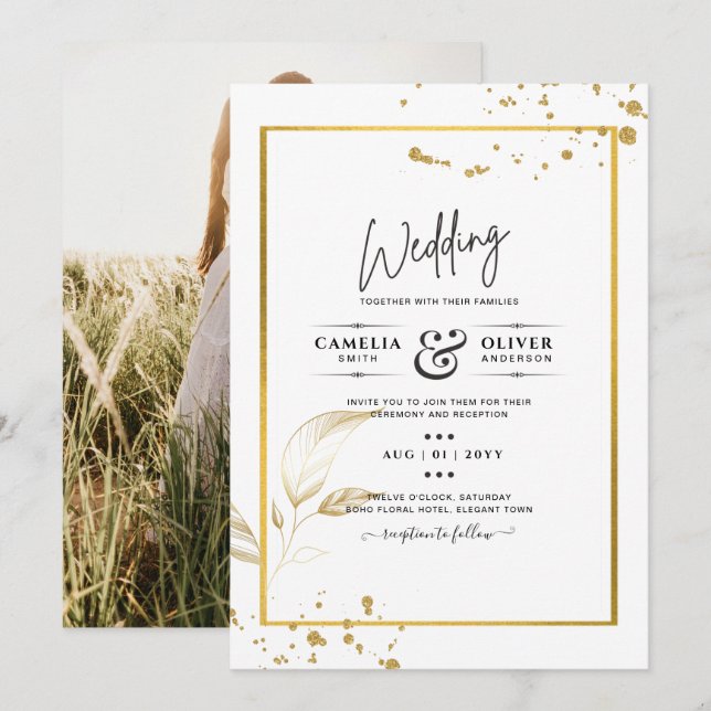 Elegant White & Gold Photo Wedding Invitation (Front/Back)