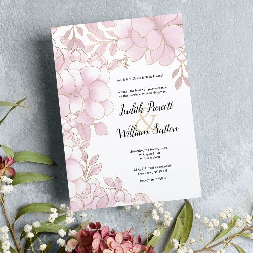 Elegant white gold pink luxury floral wedding invitation