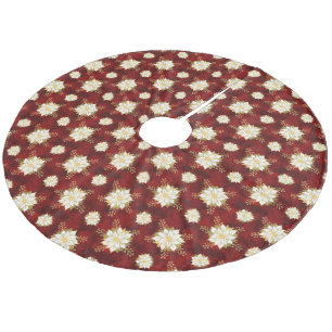 Elegant White Gold Poinsettia Flower Red Christmas Fleece Tree Skirt