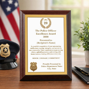 Elegant White Gold Police 20 Year Service Award Plaque