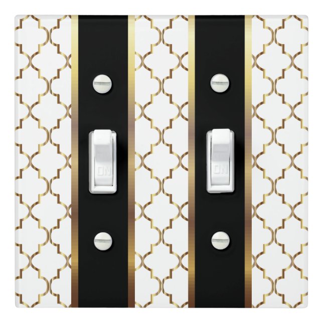 Elegant White & Gold Quatrefoil with Black Accent Light Switch Cover (In Situ)