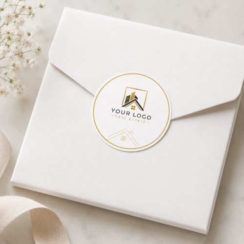Elegant White Gold Real Estate Logo Classic Round Sticker