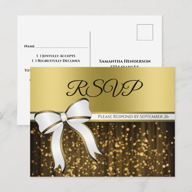 Elegant White & Gold Ribbon Glamorous Wedding RSVP Postcard (Front/Back)