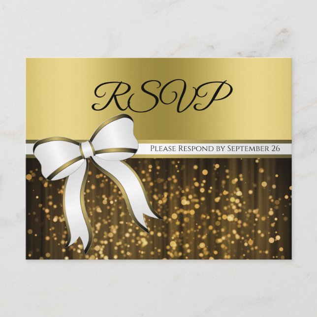Elegant White & Gold Ribbon Glamorous Wedding RSVP Postcard (Front)