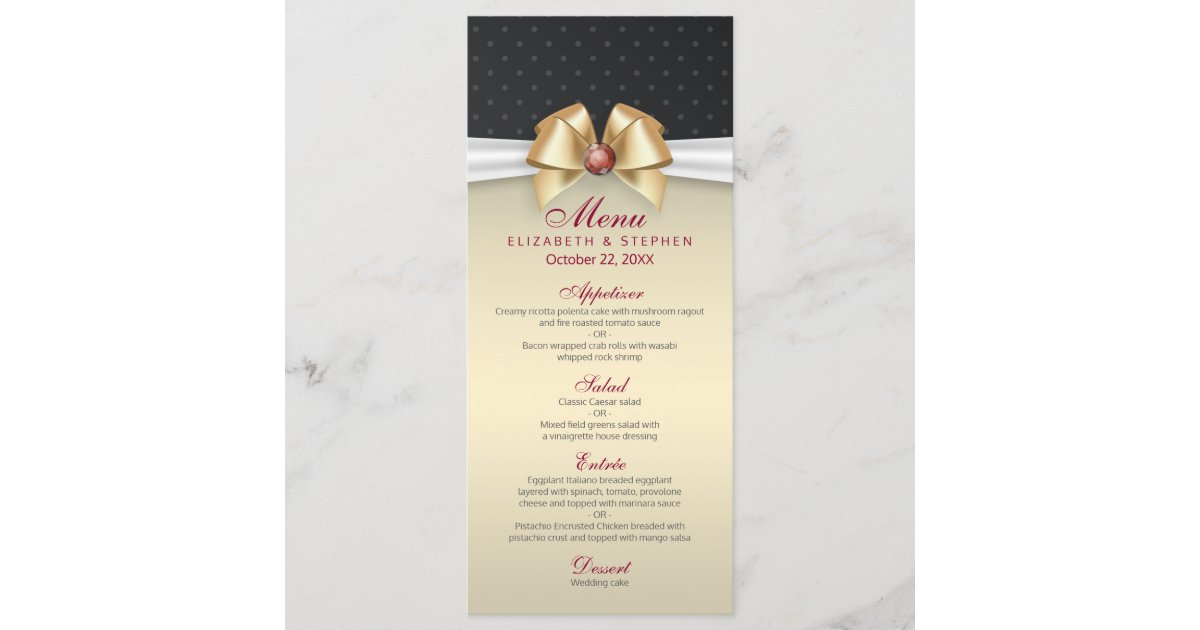Elegant White Gold Ribbon Red Diamond Wedding Menu | Zazzle