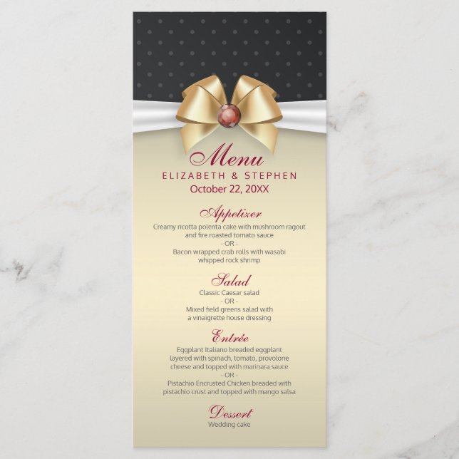 Elegant White Gold Ribbon Red Diamond Wedding Menu (Front)