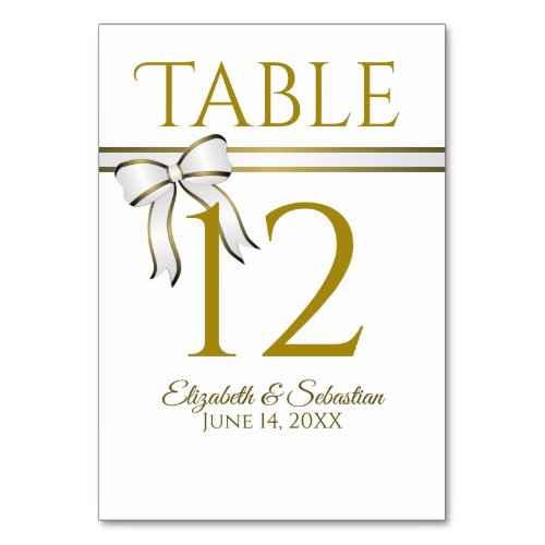 Elegant White  Gold Ribbon Wedding Table Number