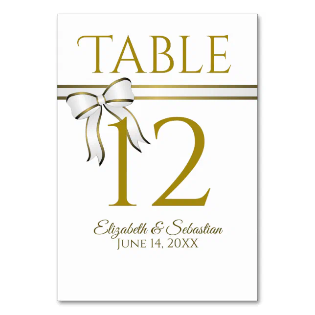 Table Numbers With Ribbon Elegant White & Gold Ribbon Wedding Table Number | Zazzle