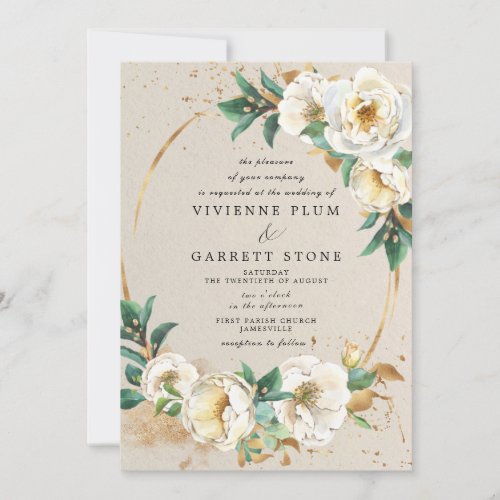 Elegant White Gold Rose Floral Wedding Invitation