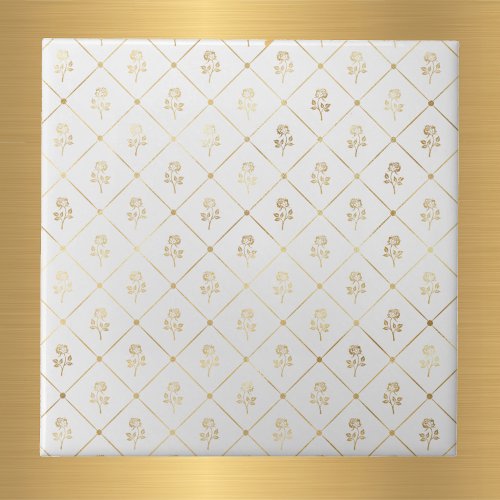 Elegant White Gold Roses Ceramic Tile