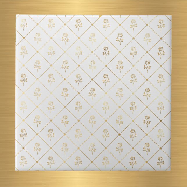Elegant White Gold Roses Ceramic Tile (Creator Uploaded)
