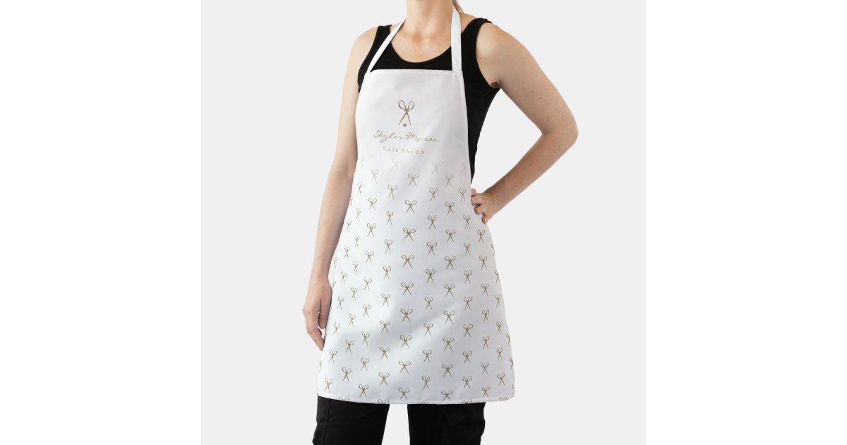 Scissors Apron Elegant White Gold Scissor Pattern Hair Salon Logo Apron | Zazzle