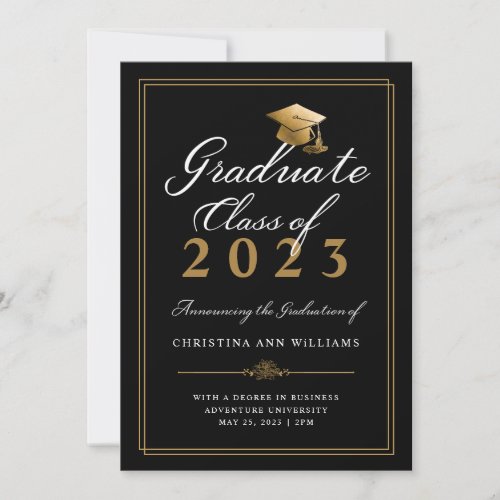 Elegant White Gold Script Black College Graduation Announcement
