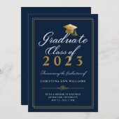 Elegant White Gold Script Blue College Graduation Announcement (Front/Back)