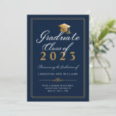 Elegant White Gold Script Blue College Graduation Announcement (Standing Front)