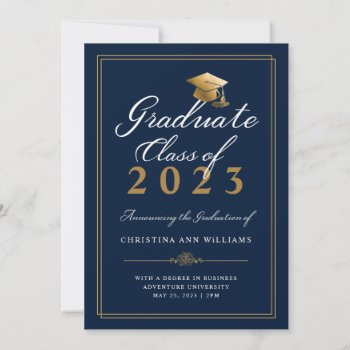 Elegant White Gold Script Blue College Graduation Announcement by ilovedigis at Zazzle