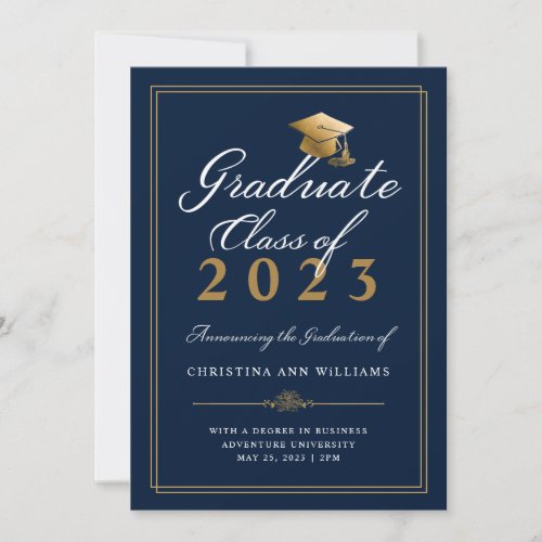 Elegant White Gold Script Blue College Graduation Announcement