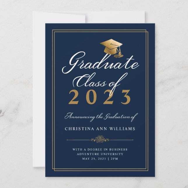 Elegant White Gold Script Blue College Graduation Announcement (Front)