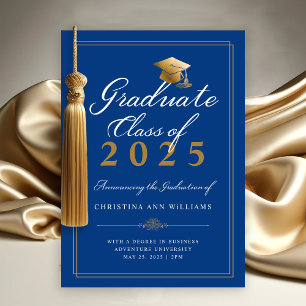 Elegant White Gold Script Blue College Graduation Announcement
