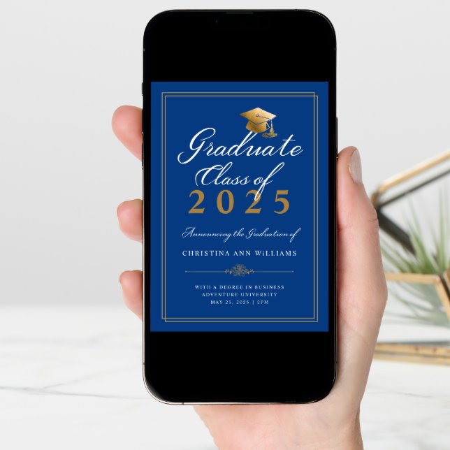 Elegant White Gold Script Blue College Graduation Announcement (Front Digital)