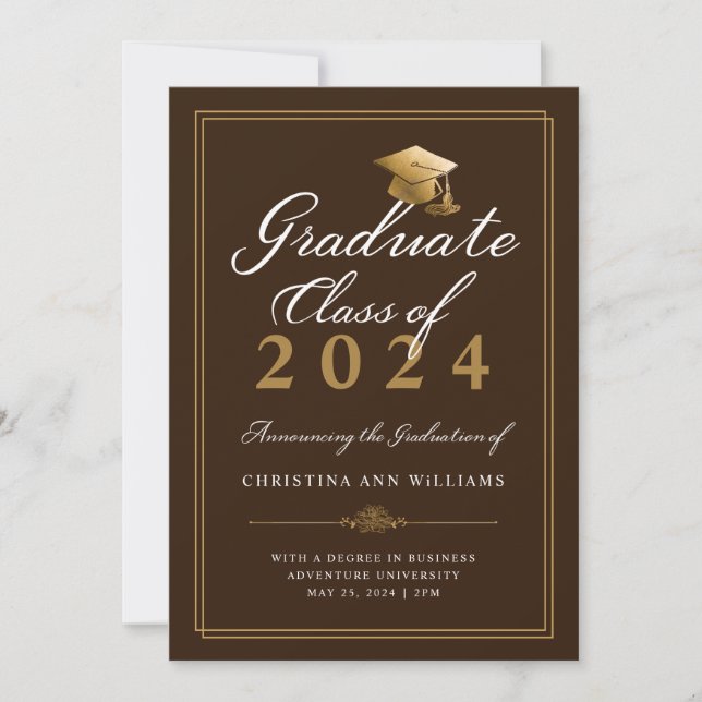 Elegant White Gold Script Brown College Graduation Announcement (Front)