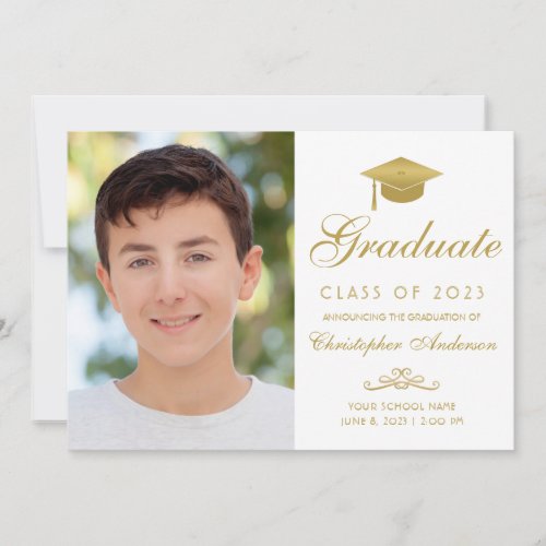 Elegant White Gold Script Cap Photo Graduation Announcement
