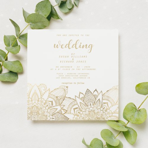 Elegant white gold script floral mandala wedding  invitation