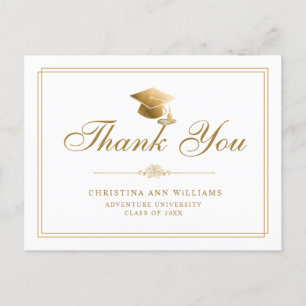 Elegant White Gold Script Graduation Thank You Postcard