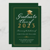 Elegant White Gold Script Green College Graduation Announcement (Front/Back)