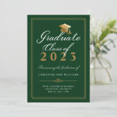 Elegant White Gold Script Green College Graduation Announcement (Standing Front)