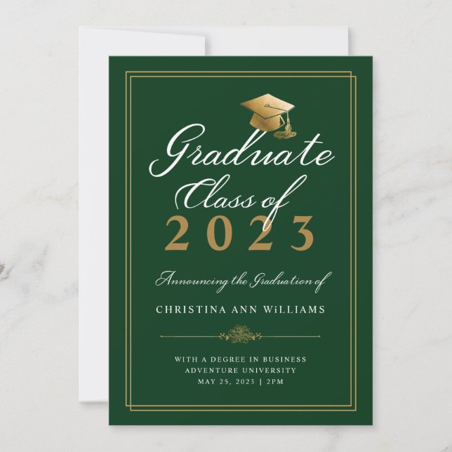 Elegant White Gold Script Green College Graduation Announcement (Front)