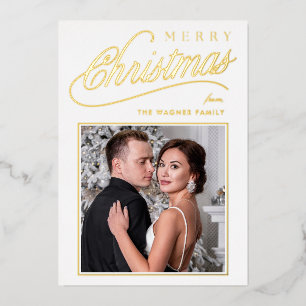 Elegant White Gold Script Merry Christmas Photo Foil Holiday Card