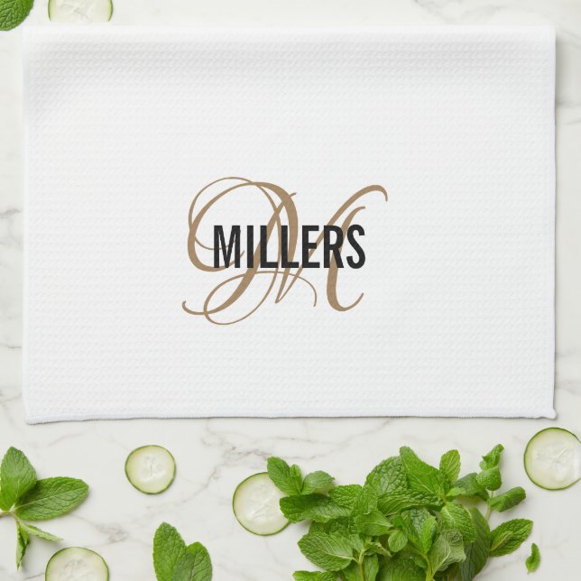 Elegant White Gold Script Monogram Family Name Kitchen Towel (Folded)