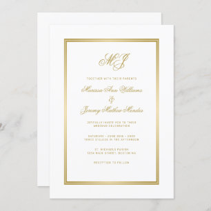 Elegant White Gold Script Monogram Wedding Invitation